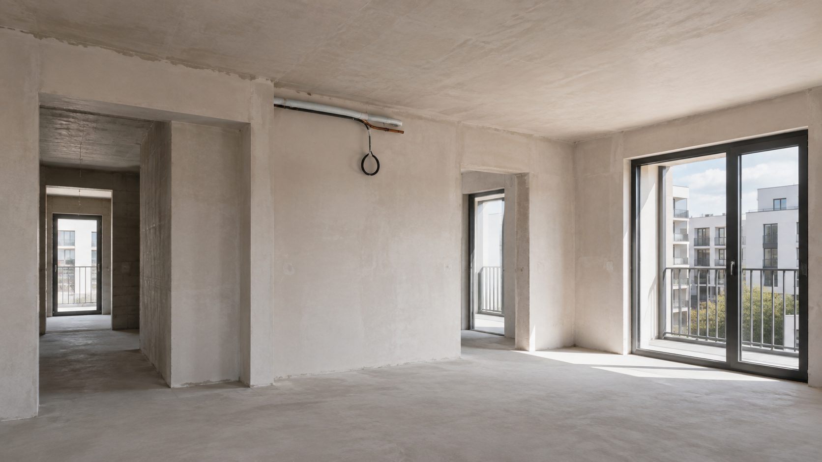 Surowe wnętrze z widokiem na balkon i instalacje klimatyacji