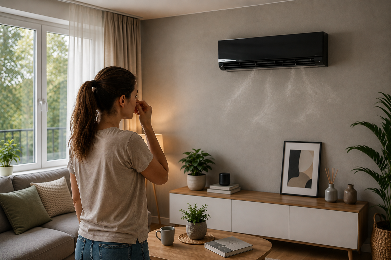 Kobieta przy klimatyzacji w przytulnym salonie