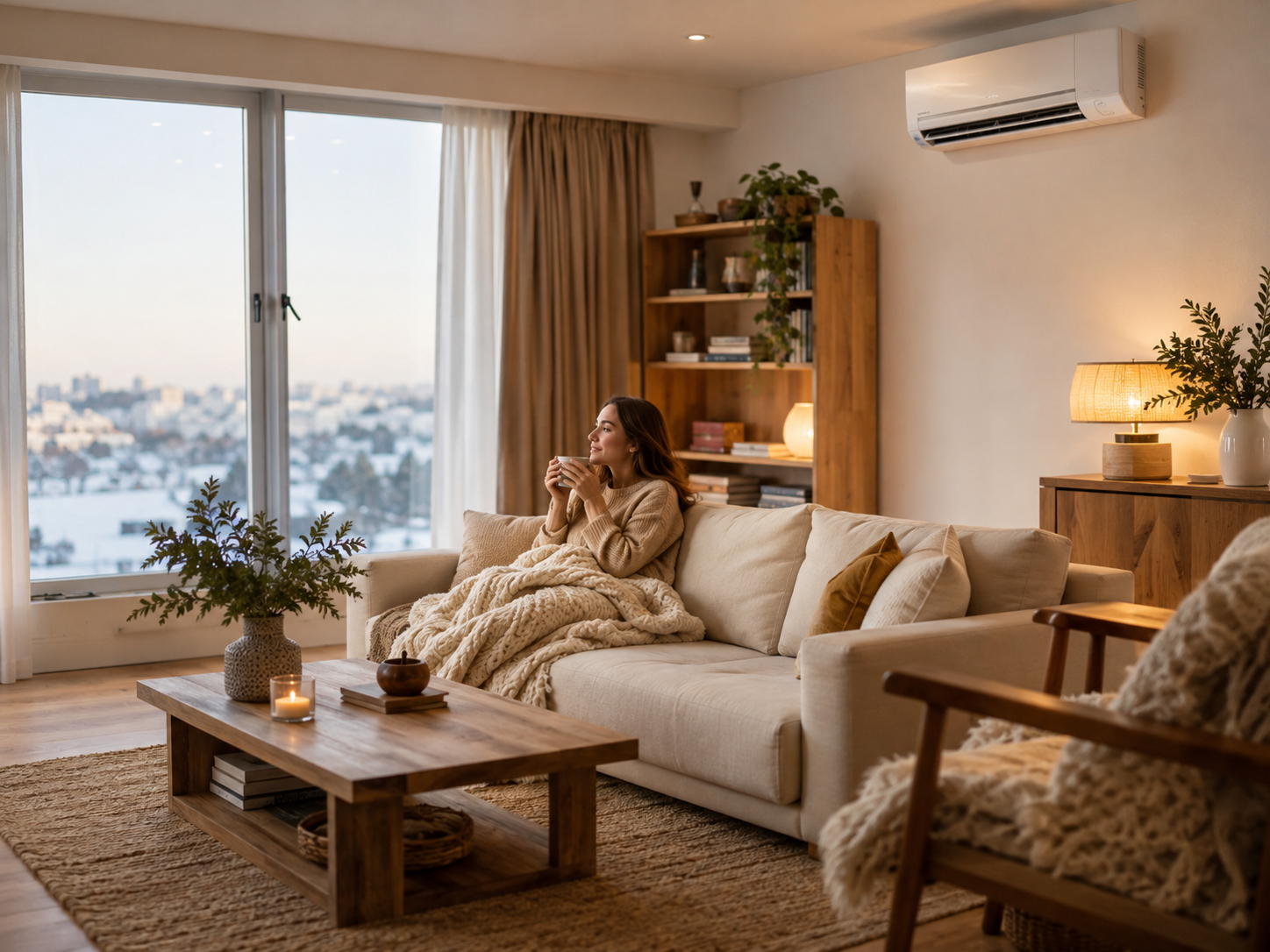 Apartament ogrzewany klimatyzacja pani pije grzańca